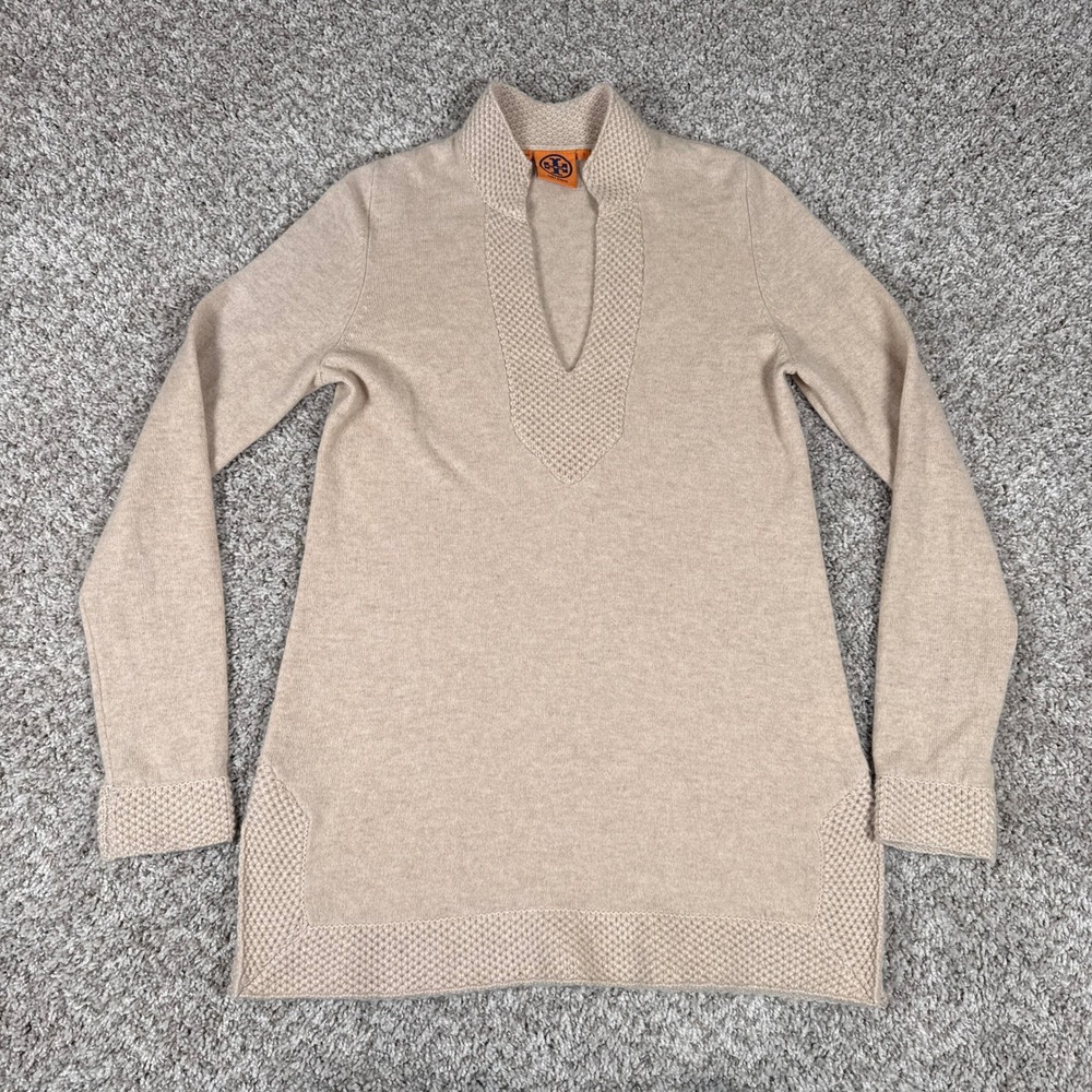 Tory Burch Tunic Sweater Womens Small Beige Cashmere Split Neck‎ Pullover